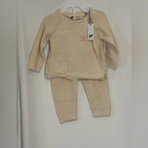 NWT Monica + Andy 100% Organic Cotton Beige Baby Knit Set w/ Pink K Initial 3-6m